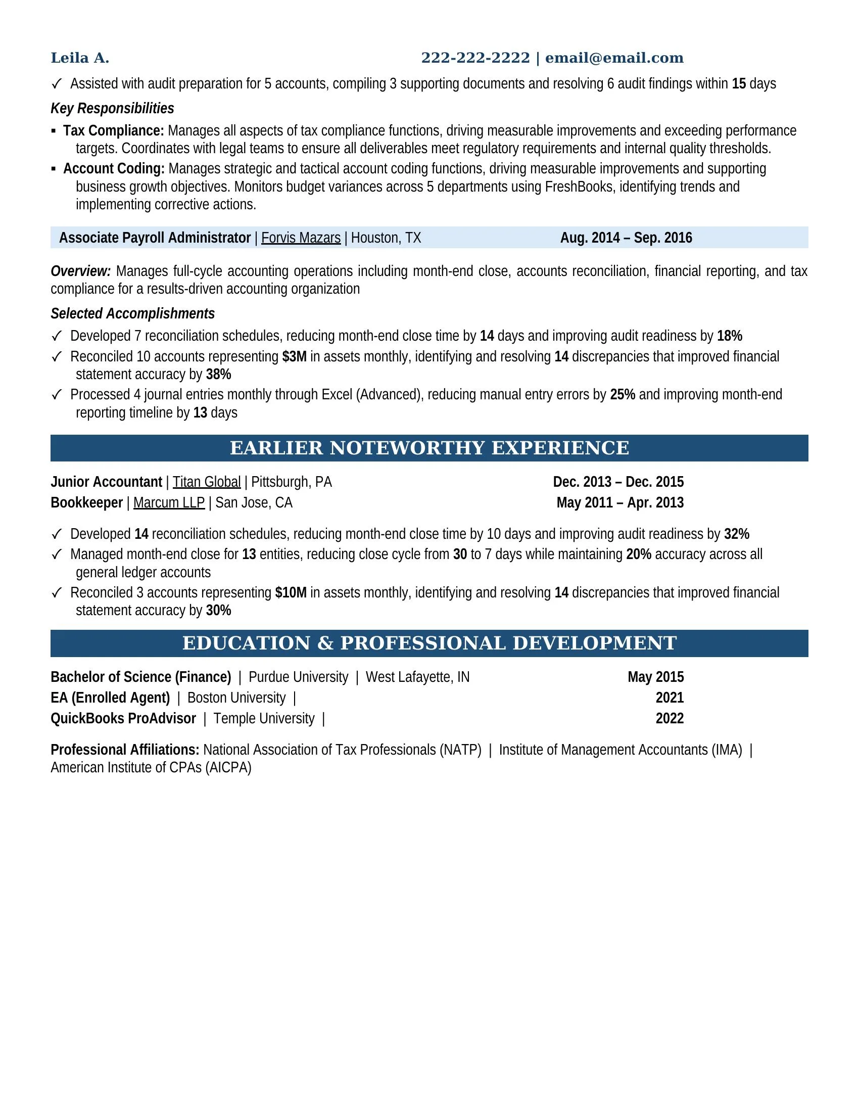 Payroll Administrator Resume Example - Work Experience & Education