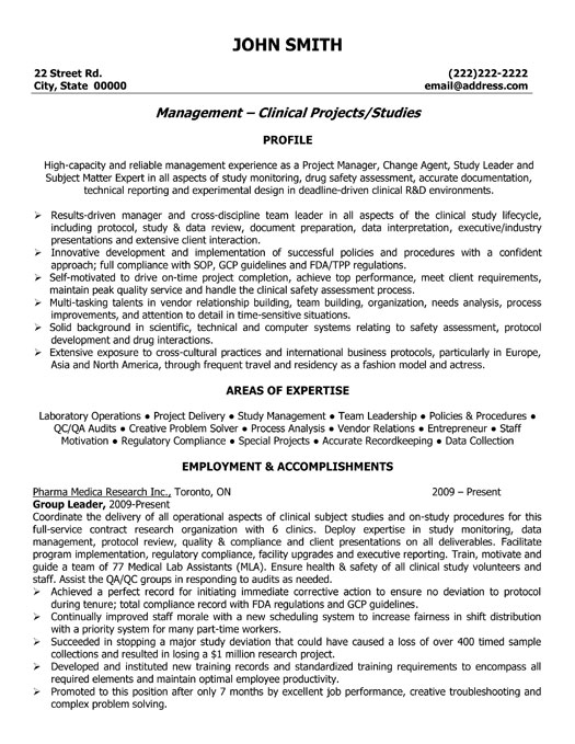 Clinical Projects Manager Resume Sample & Template