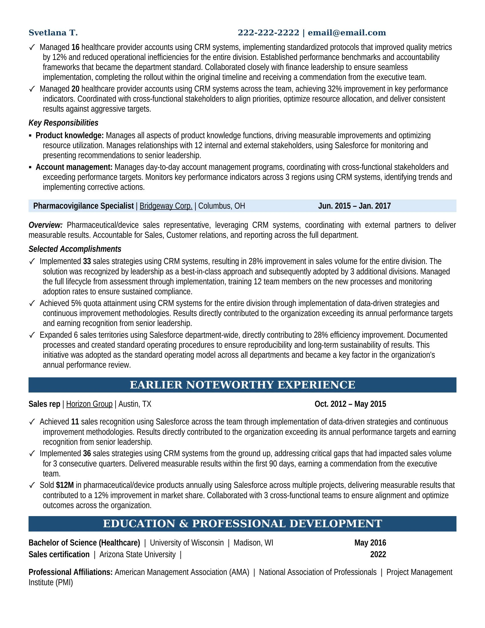 Pharmacovigilance Specialist Resume Example - Work Experience & Education