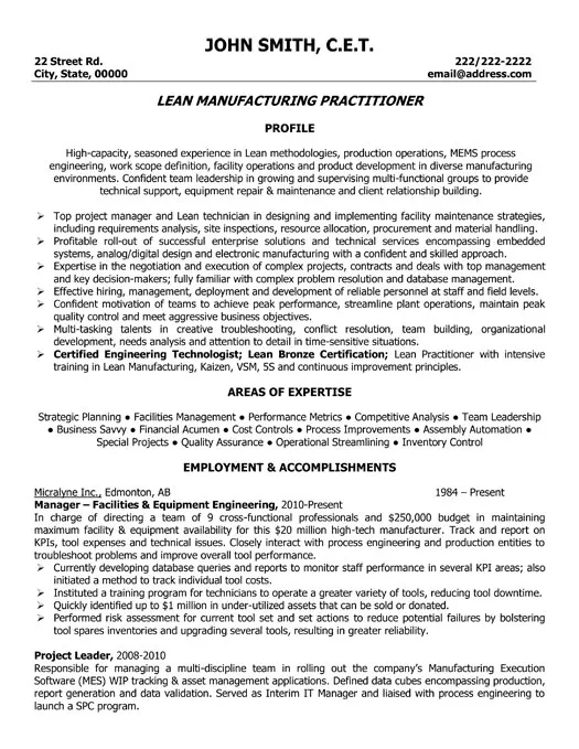 Professional Lead Manufacturing Practitioner Resume Sample - Information Technology Resume Example 2026