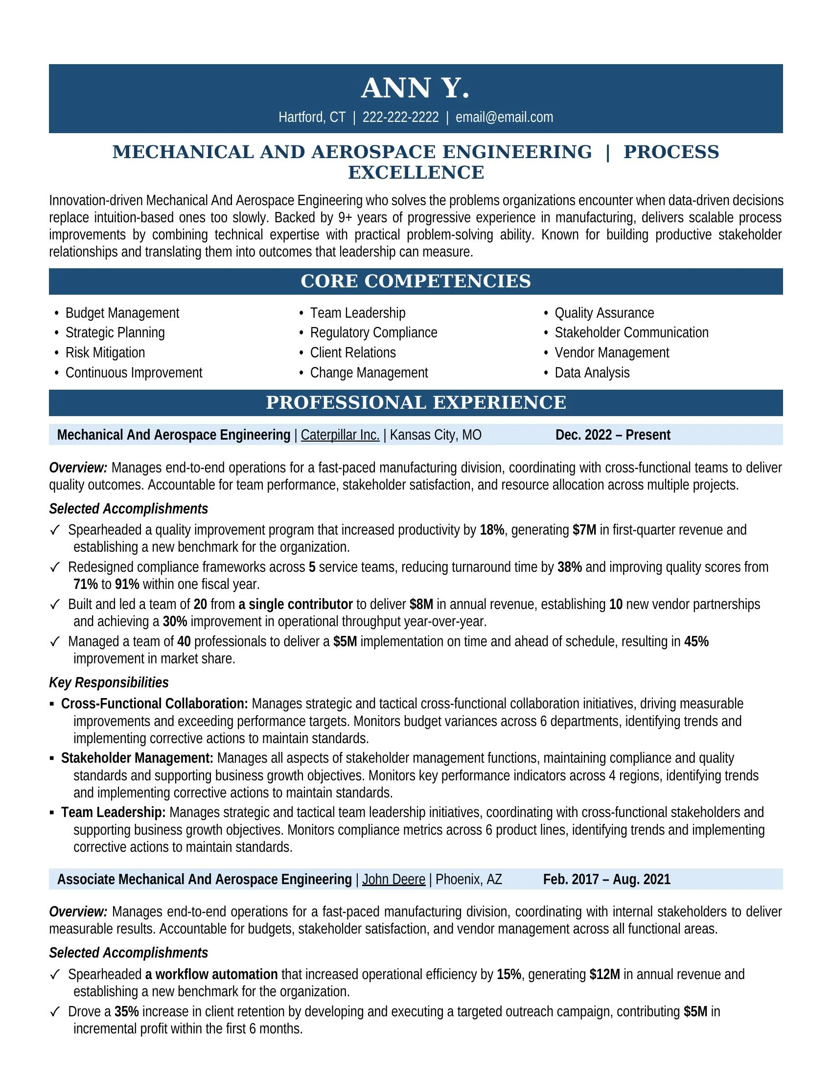Mechanical And Aerospace Engineering Resume Sample - Professional Summary, Skills & Career Highlights