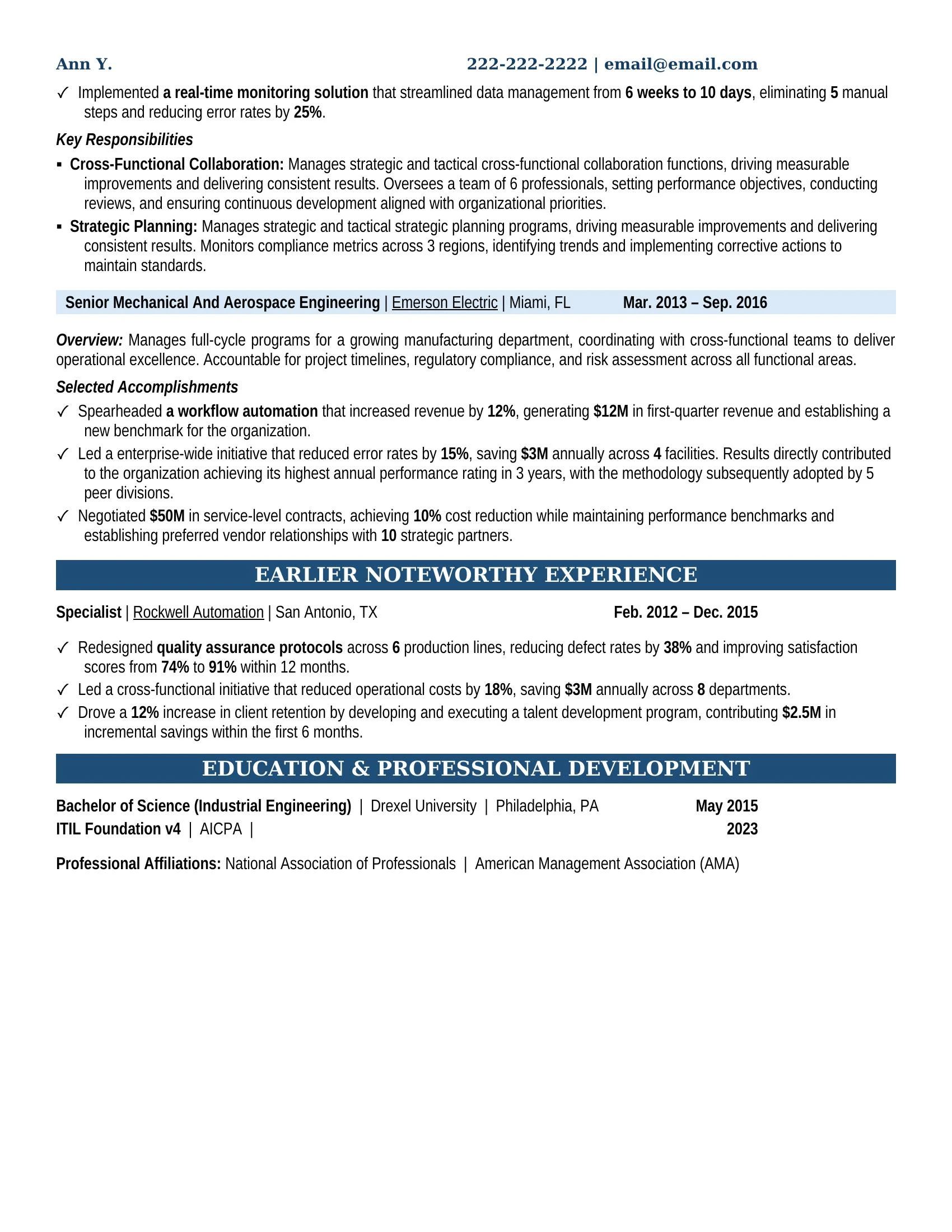 Mechanical And Aerospace Engineering Resume Example - Work Experience & Education