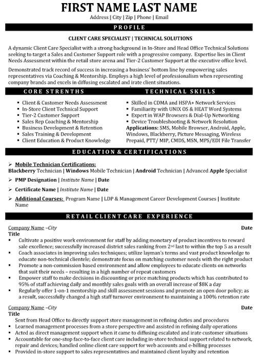 Client Care Specialist Resume Sample & Template