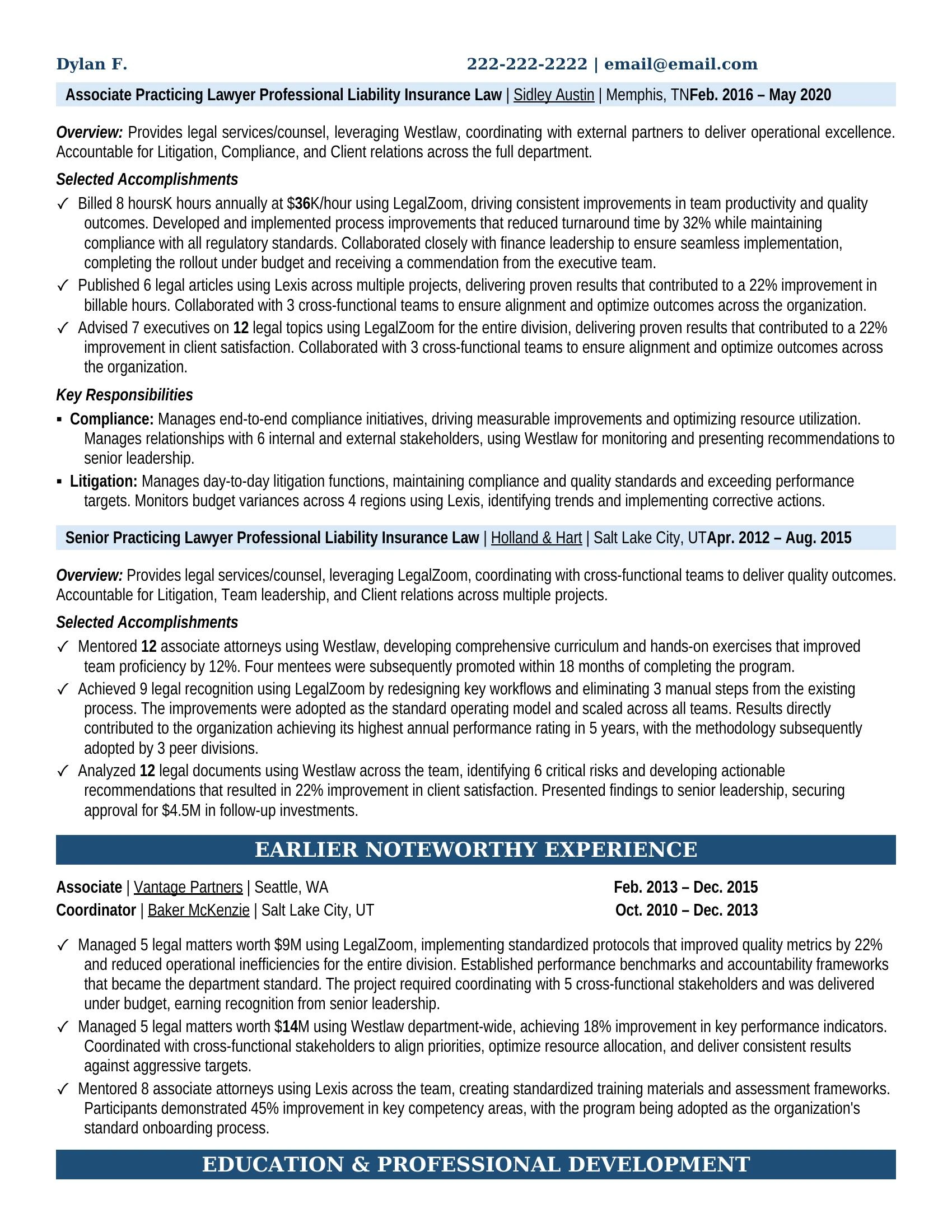 Practicing Lawyer Professional Liability Insurance Law Resume Example - Work Experience & Education