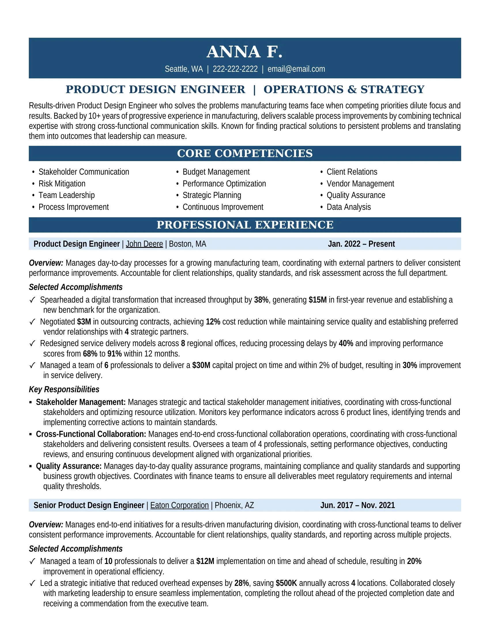 Product Design Engineer Resume Sample - Professional Summary, Skills & Career Highlights