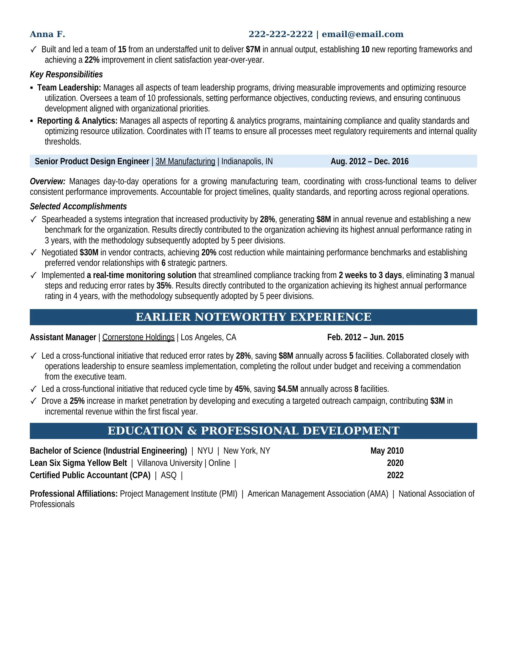 Product Design Engineer Resume Example - Work Experience & Education