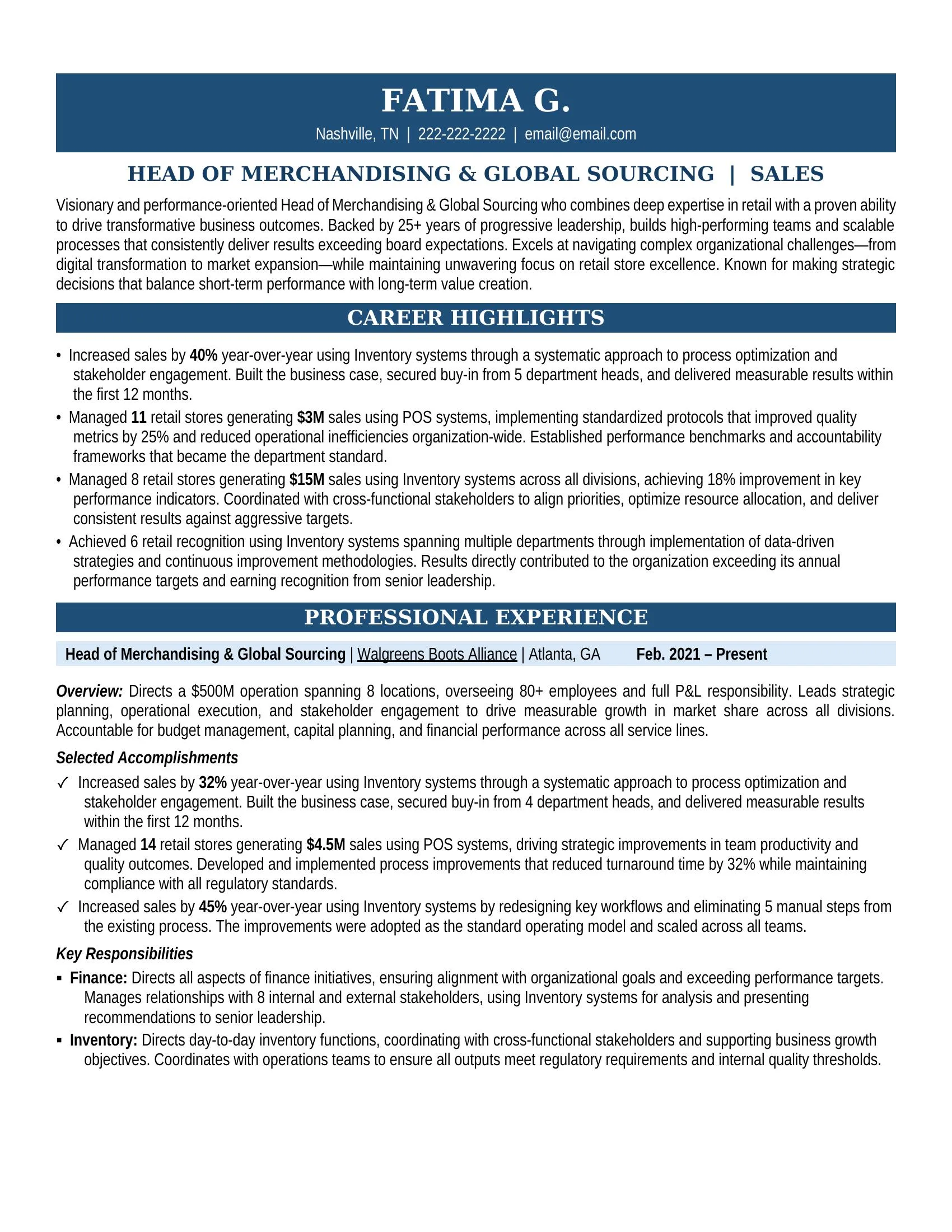 Head of Merchandising & Global Sourcing Resume Sample - Professional Summary, Skills & Career Highlights