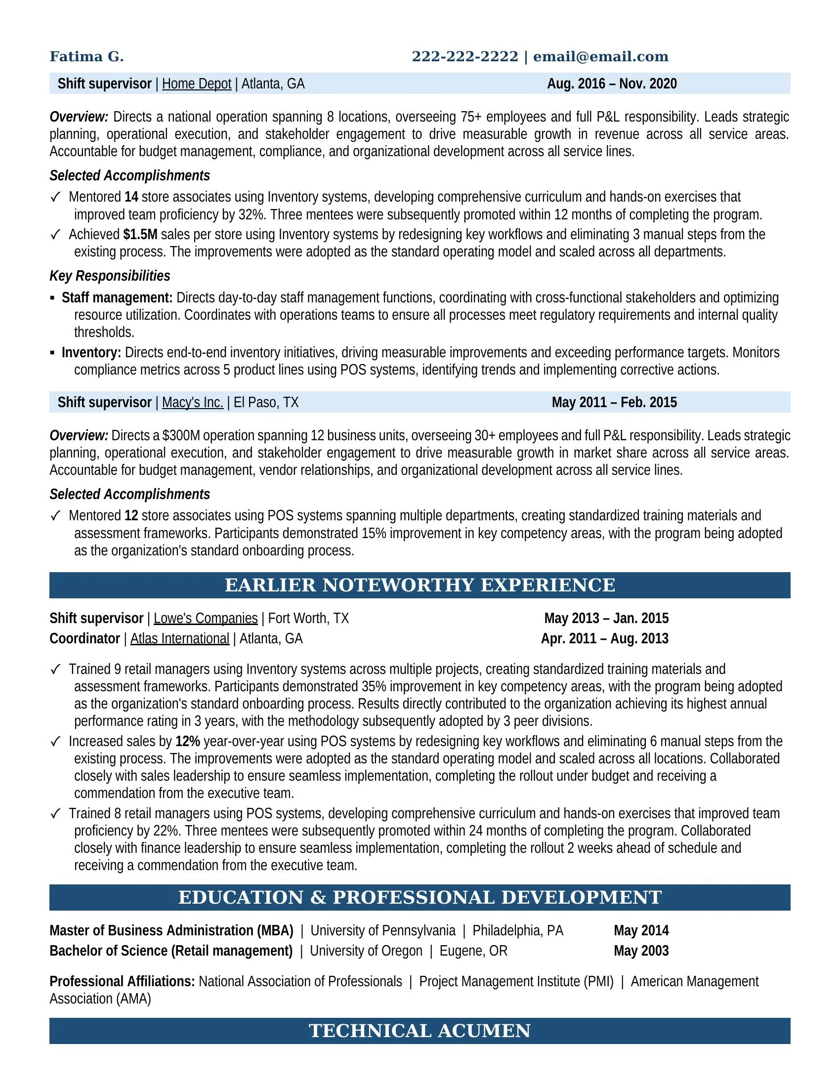 Head of Merchandising & Global Sourcing Resume Example - Work Experience & Education