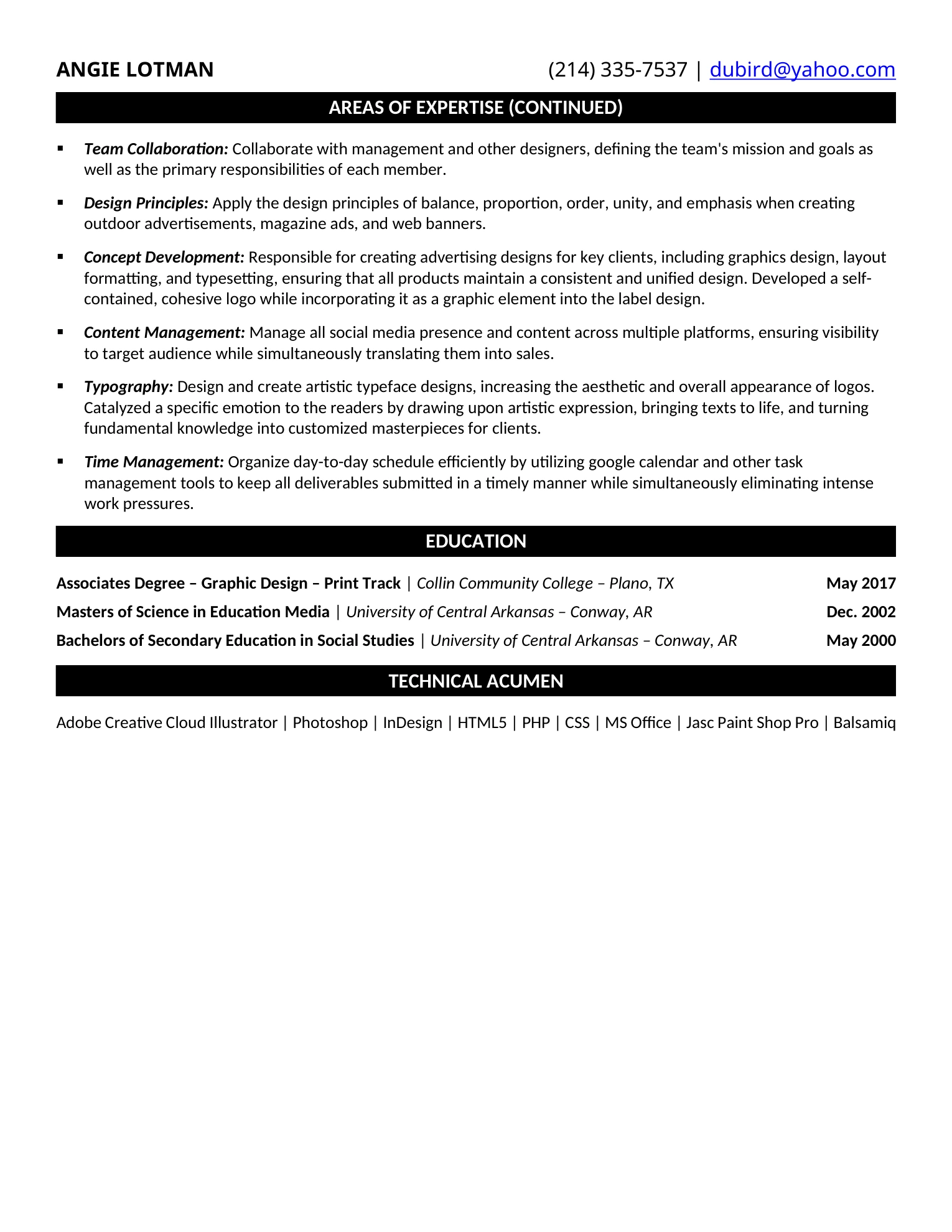 Graphic Designer Resume Example - Work Experience & Education