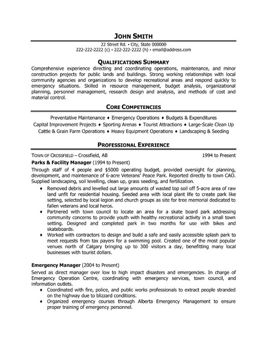 Parks Facility Manager Resume Sample & Template
