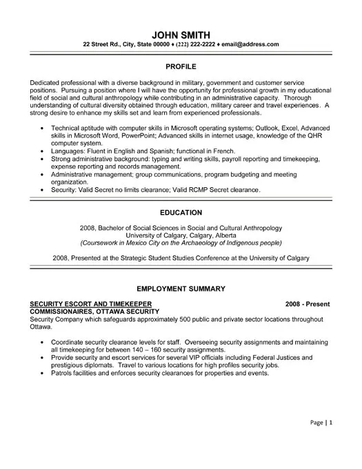Security Escort Timekeeper Resume Sample - Social Work Resume Example 2026