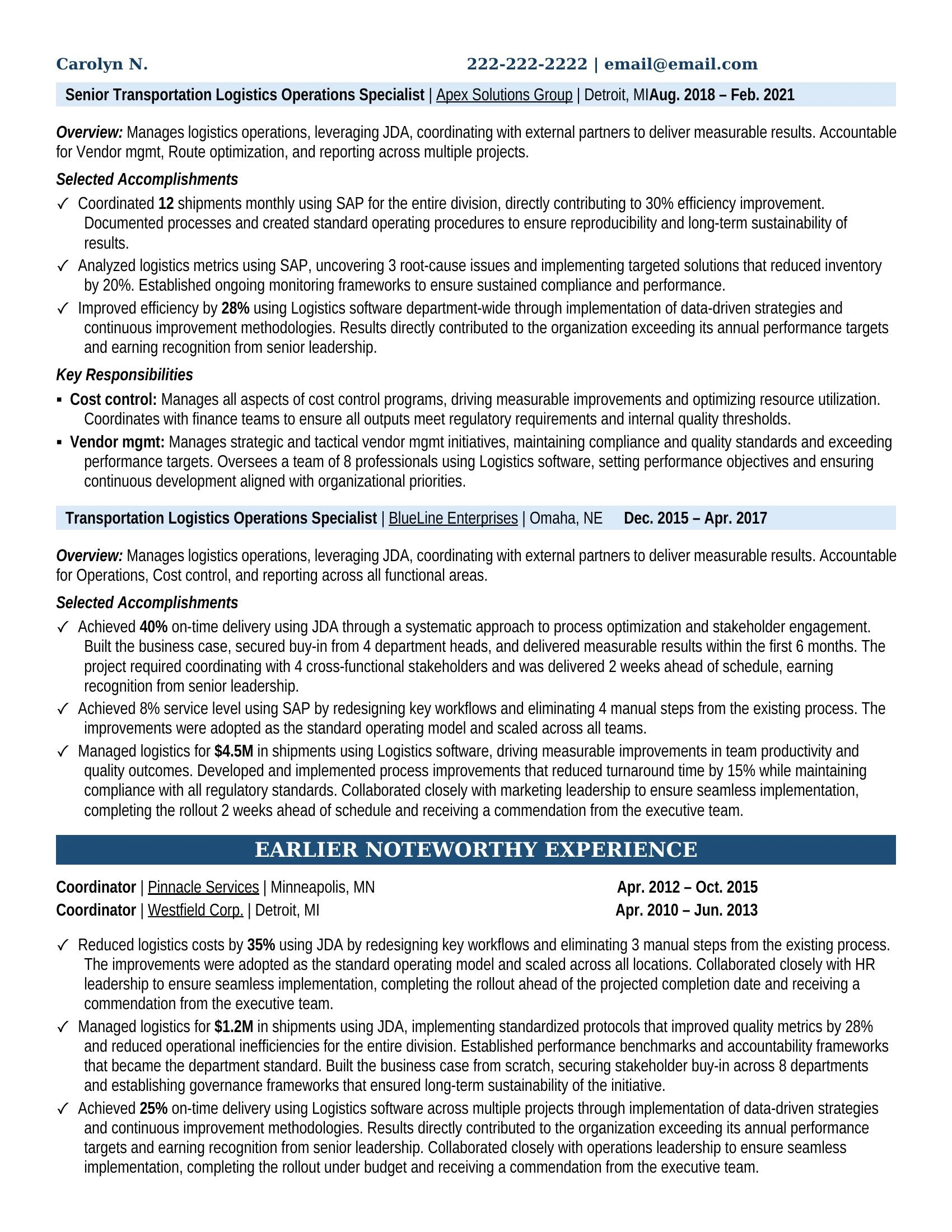 Transportation Logistics Operations Specialist Resume Example - Work Experience & Education