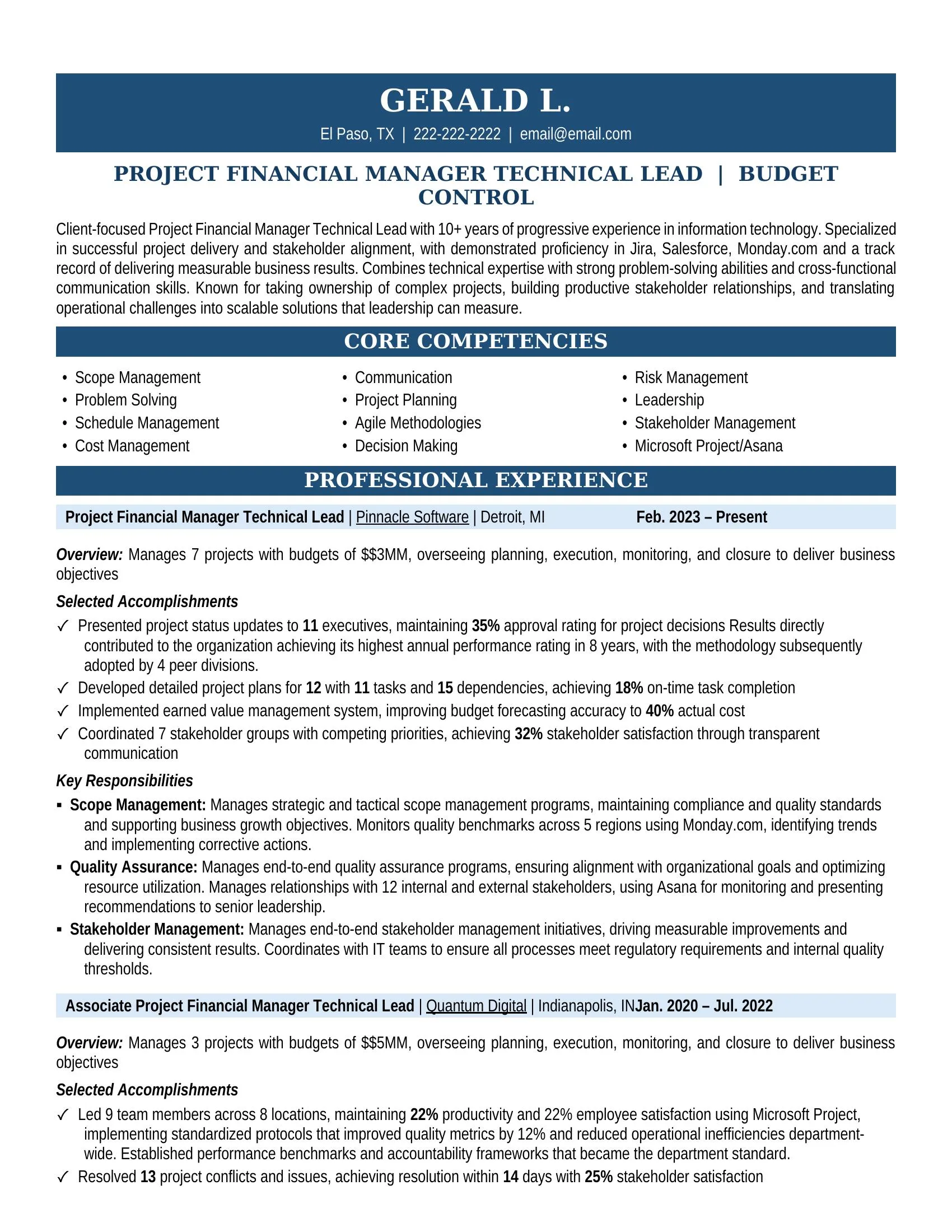 Project Financial Manager Technical Lead Resume Sample - Professional Summary, Skills & Career Highlights