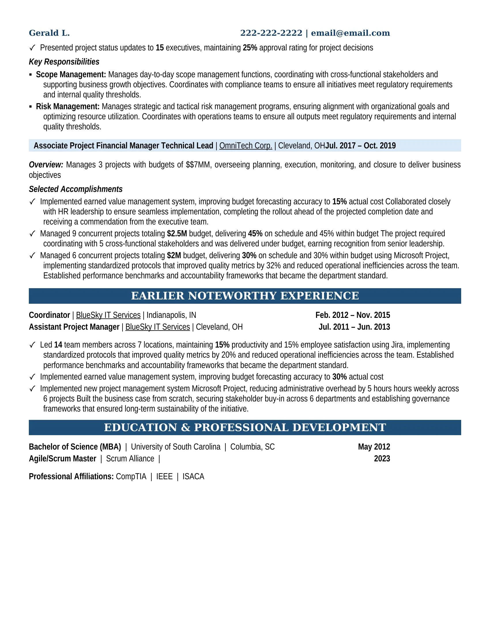 Project Financial Manager Technical Lead Resume Example - Work Experience & Education