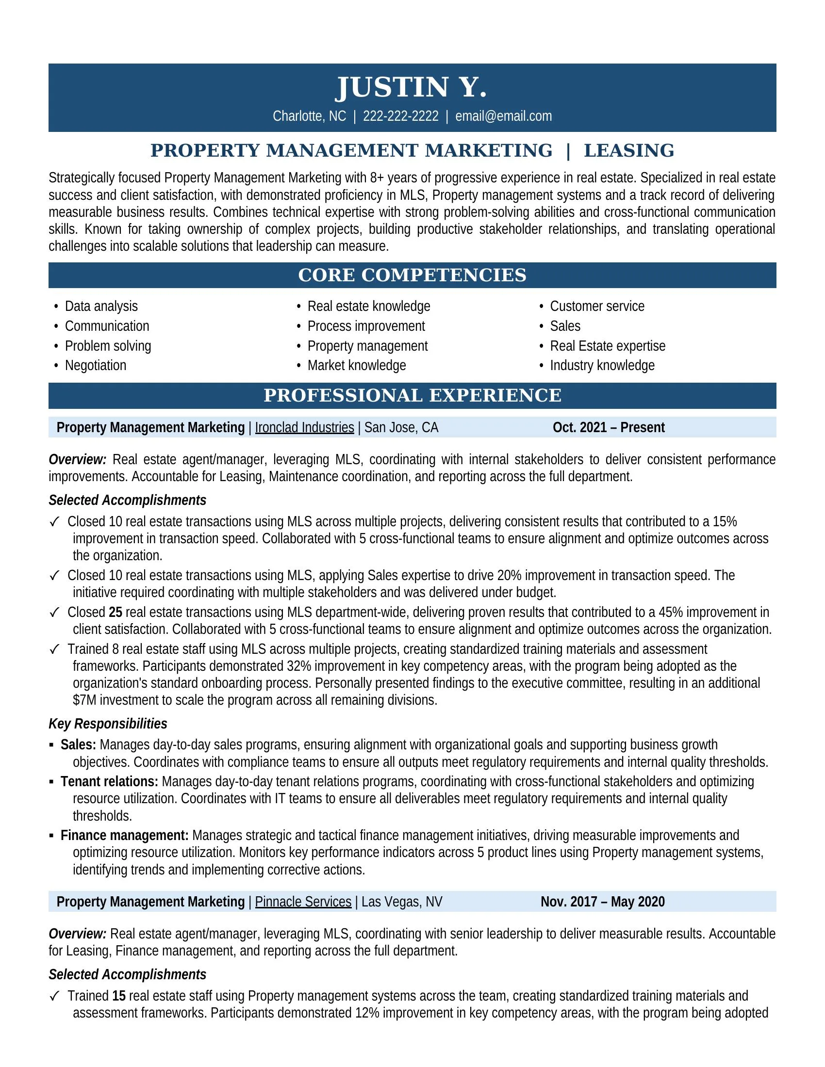 Property Management Marketing Resume Sample - Professional Summary, Skills & Career Highlights