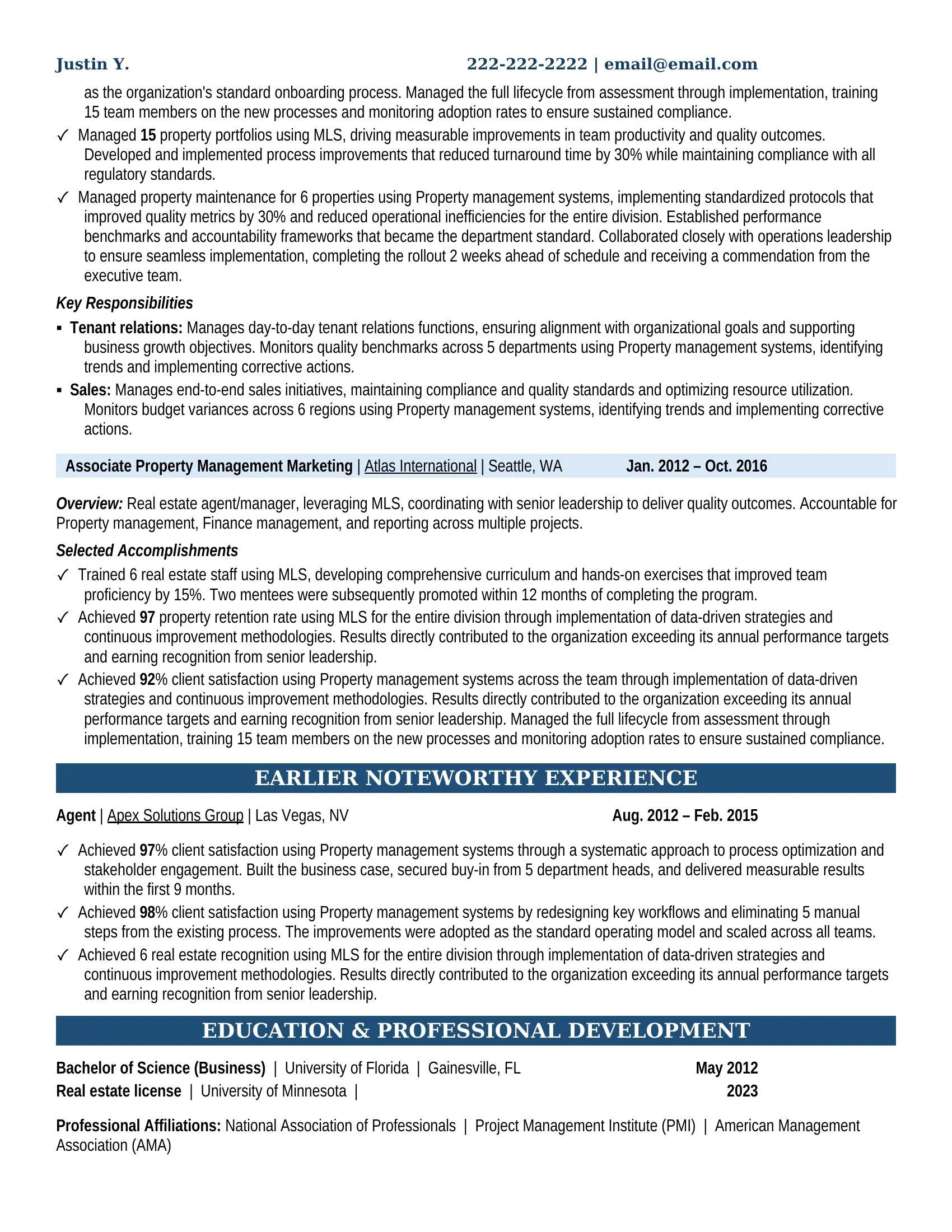 Property Management Marketing Resume Example - Work Experience & Education