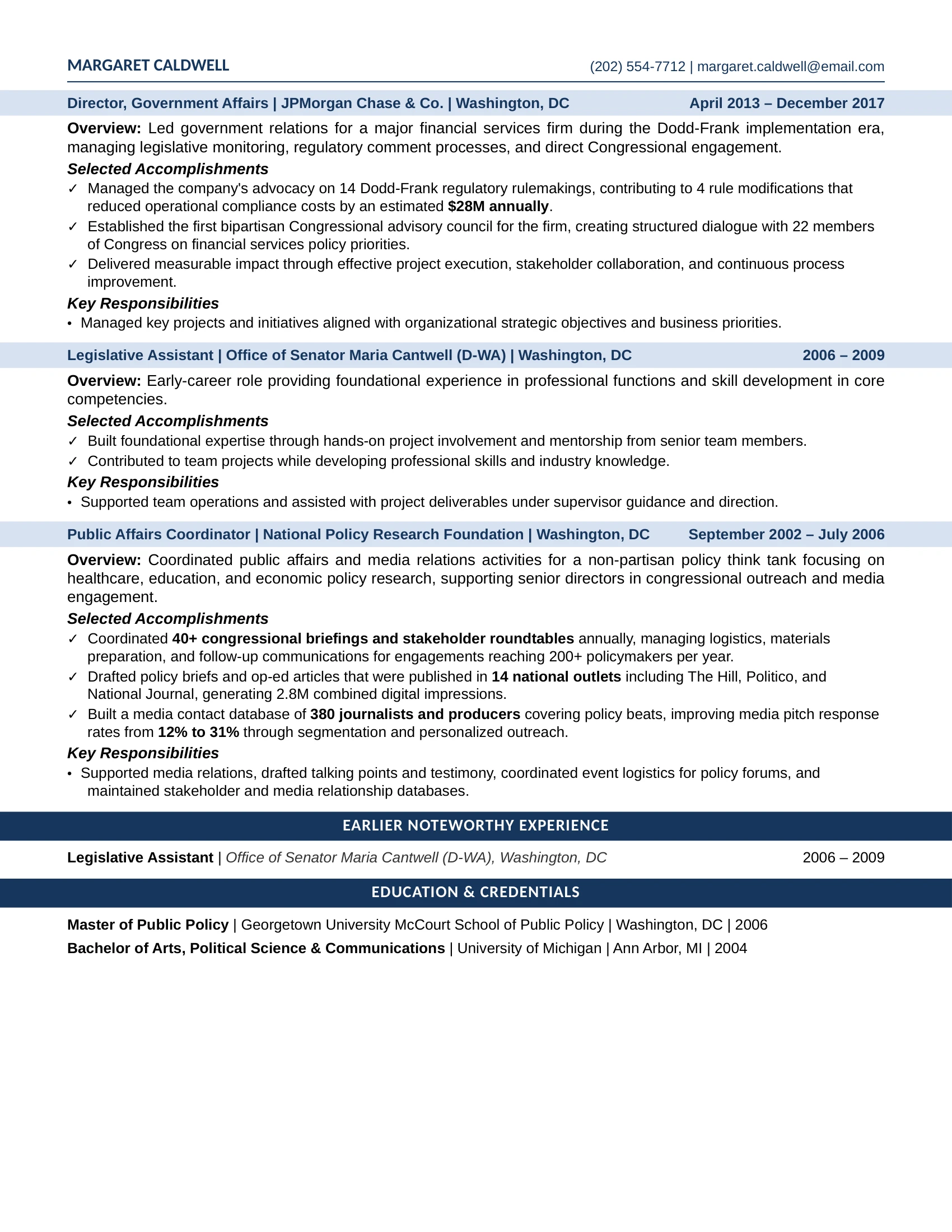 Public Affairs Director Resume Example - Work Experience & Education