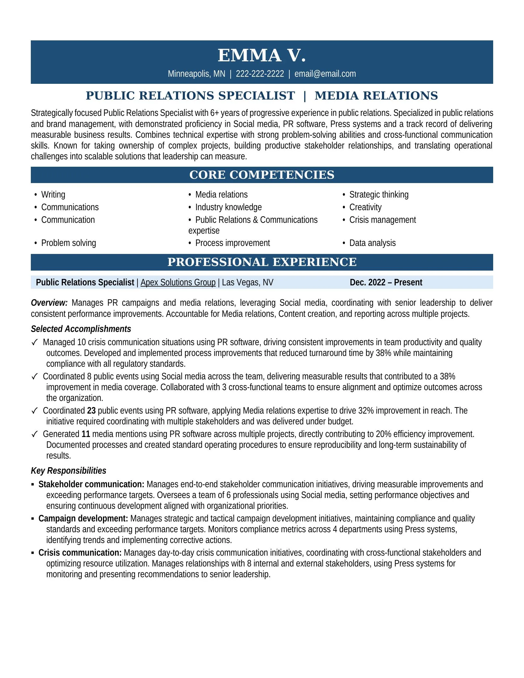 Public Relations Specialist Resume Sample - Public Relations Resume Example 2026
