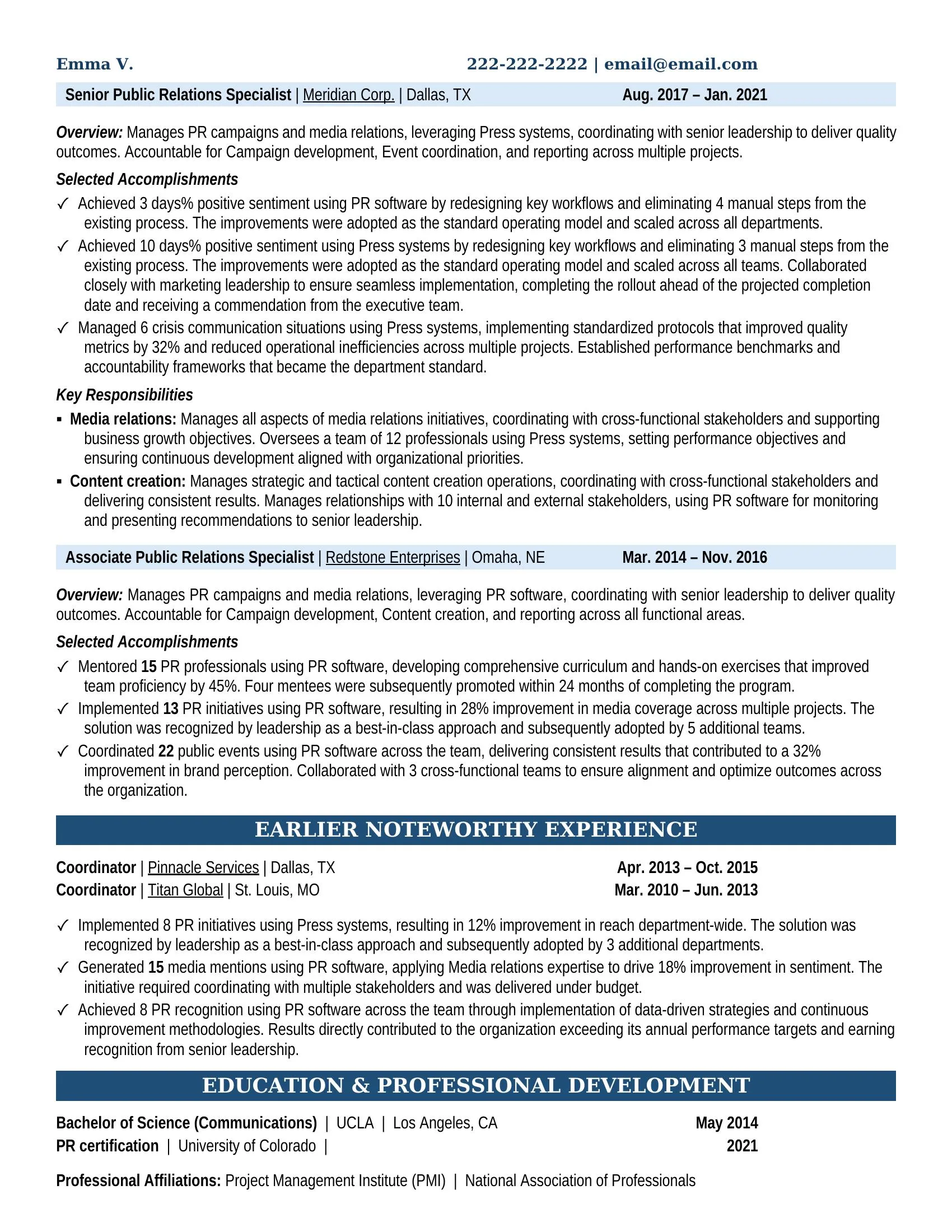 Public Relations Specialist Resume Example - Work Experience & Education