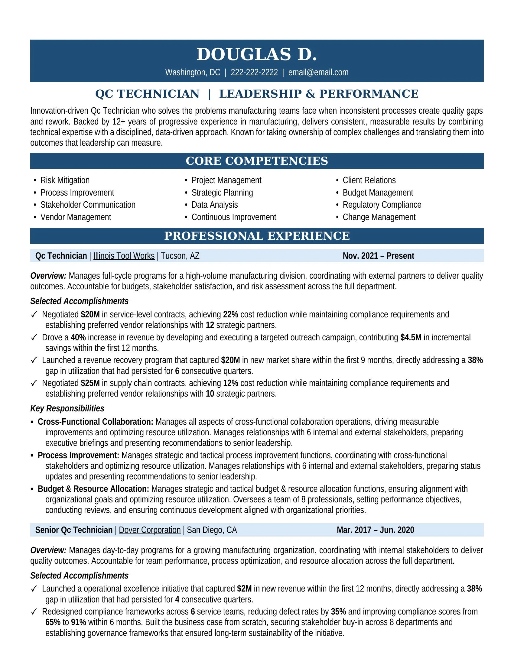 Qc Technician Resume Sample