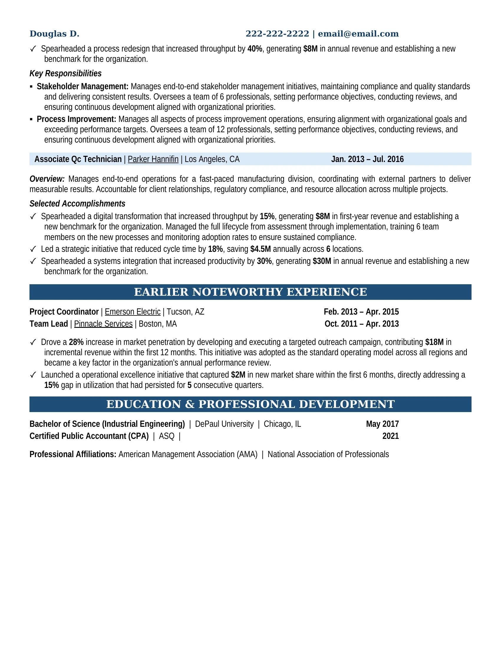 Qc Technician Resume Example - Work Experience & Education