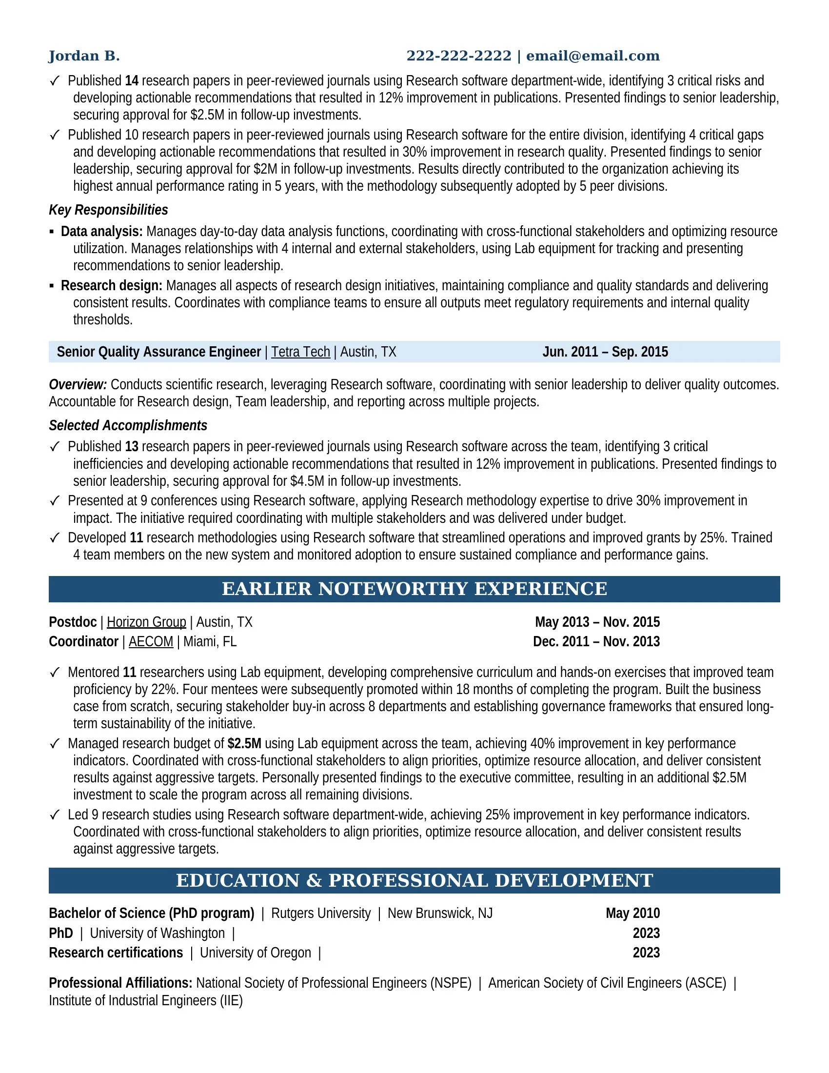 Quality Assurance Engineer Resume Example - Work Experience & Education