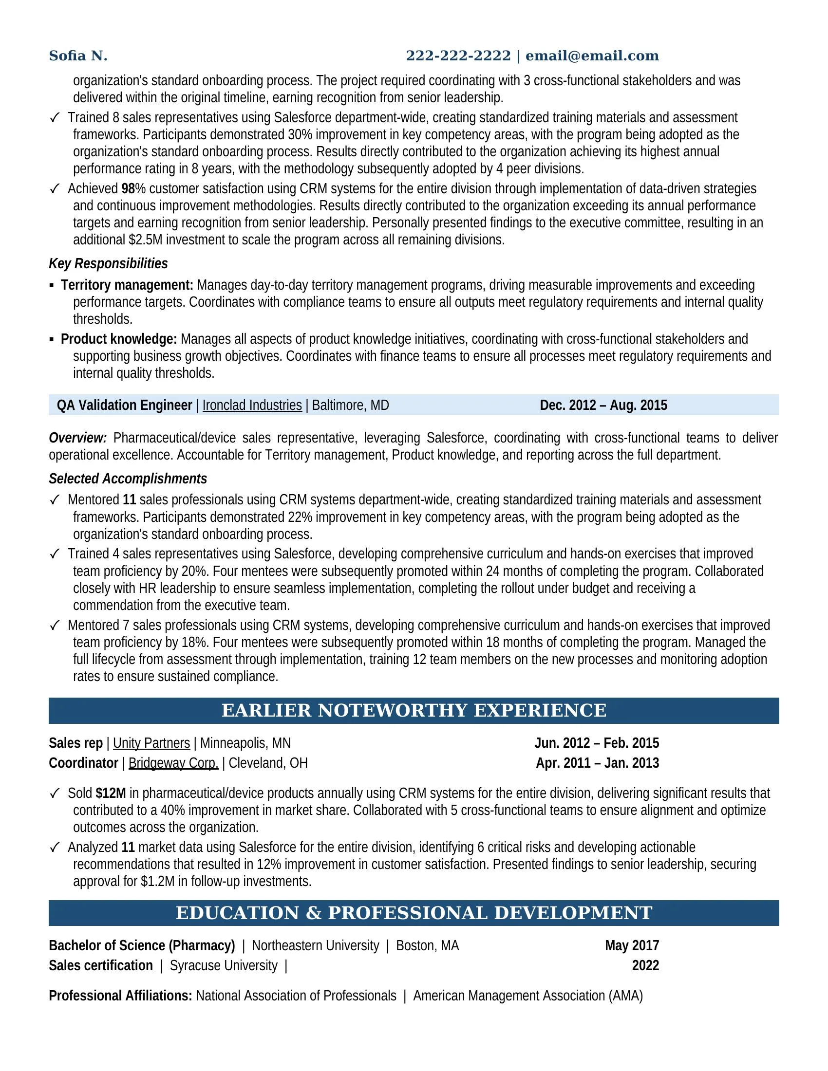 QA Validation Engineer Resume Example - Work Experience & Education
