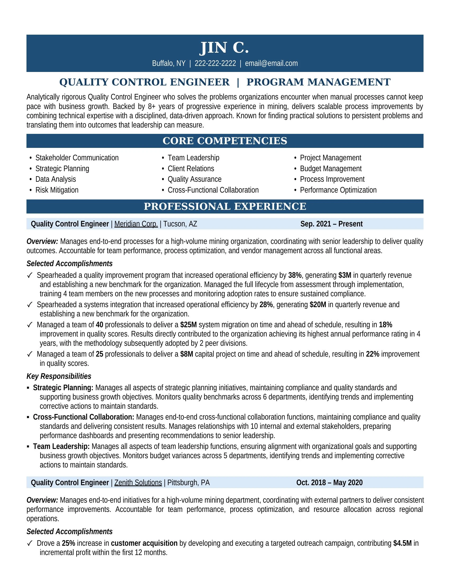 Quality Control Engineer Resume Sample