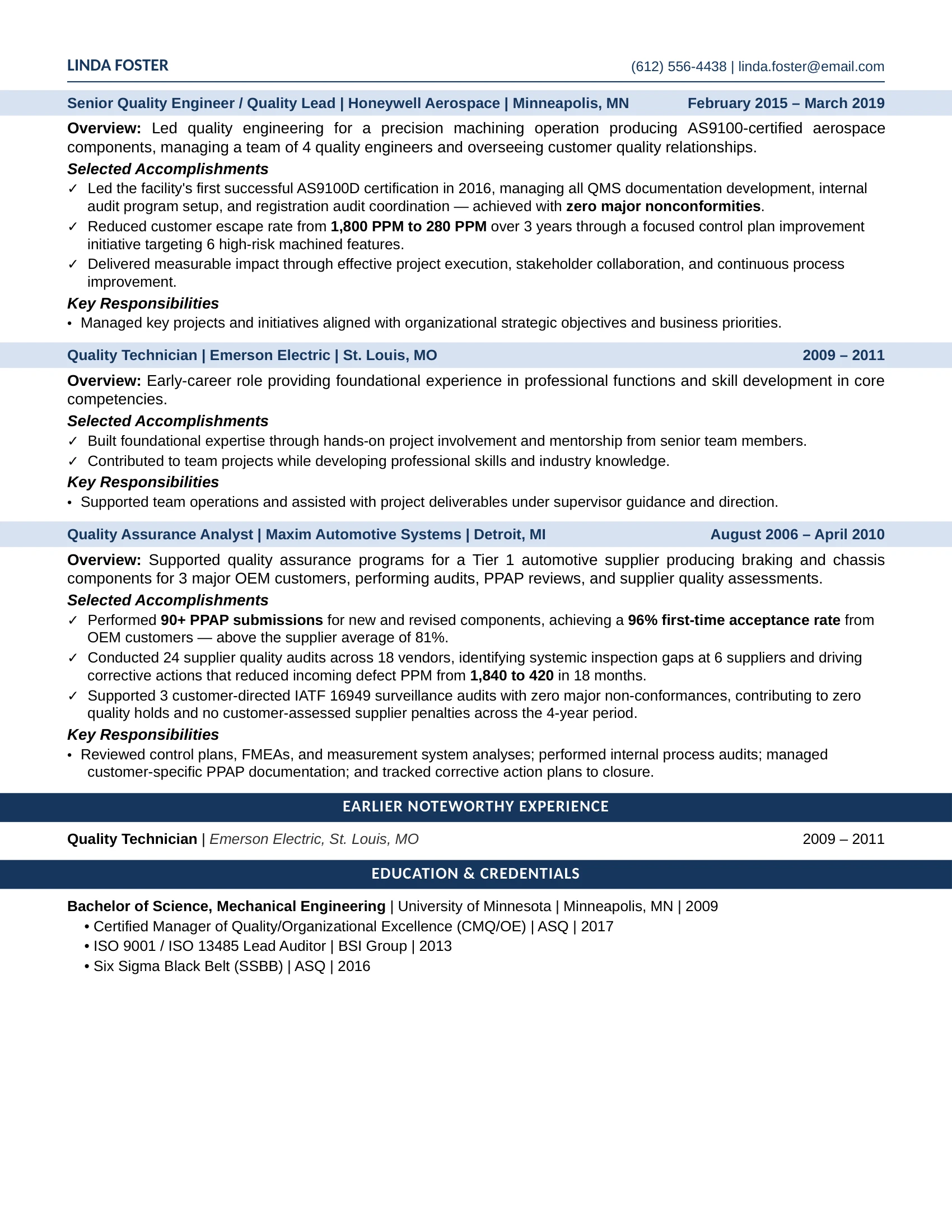 Quality Manager Resume Example - Work Experience & Education