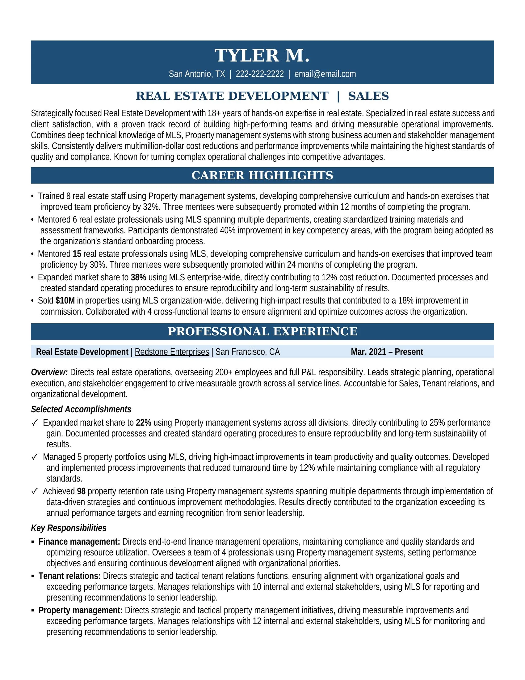 Real Estate Development Resume Sample - Professional Summary, Skills & Career Highlights