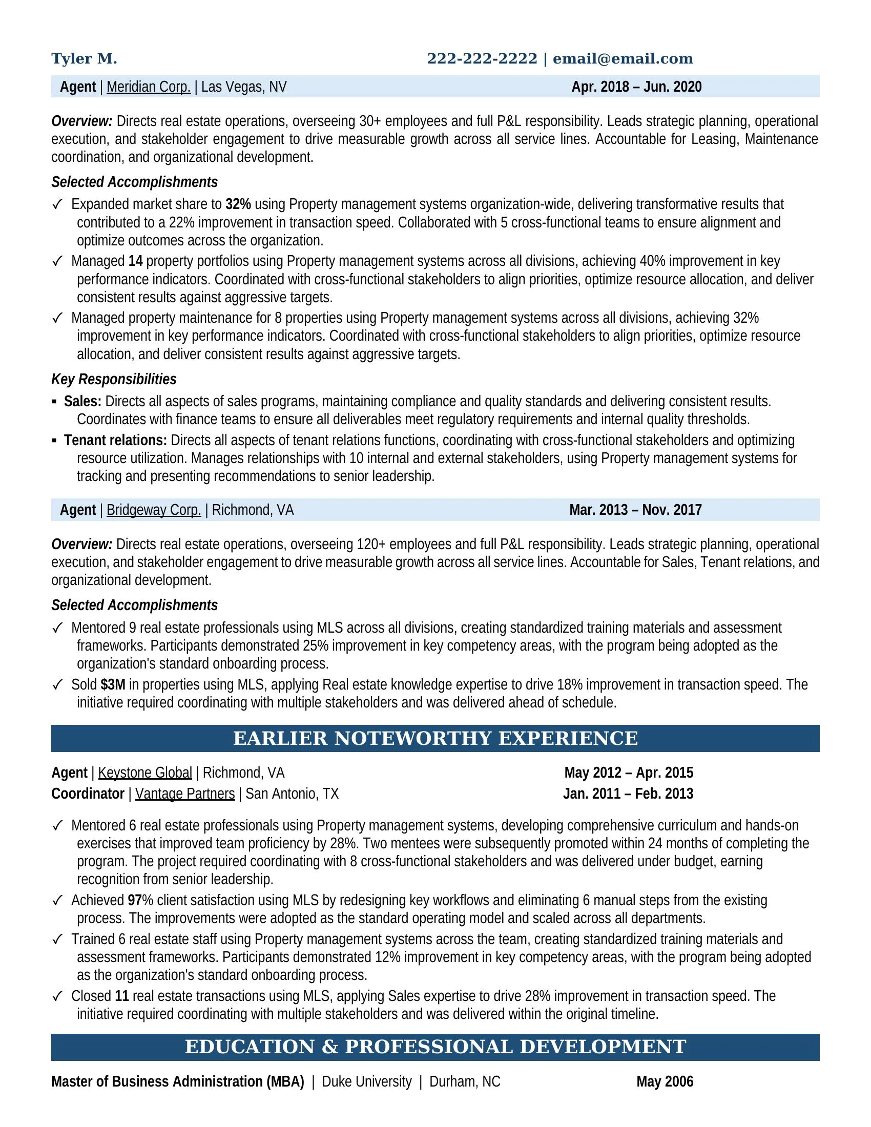 Real Estate Development Resume Example - Work Experience & Education