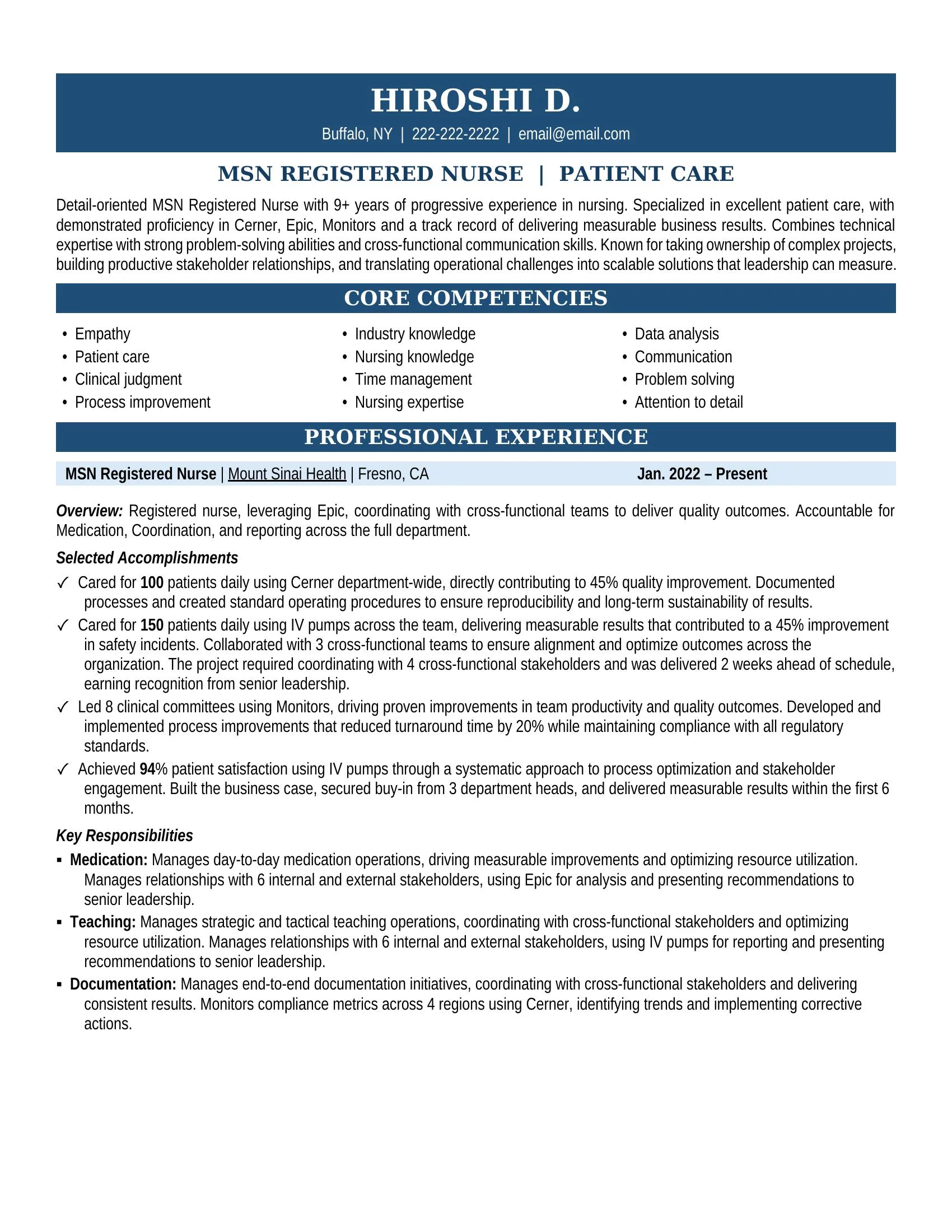 MSN Registered Nurse Resume Sample - Professional Summary, Skills & Career Highlights