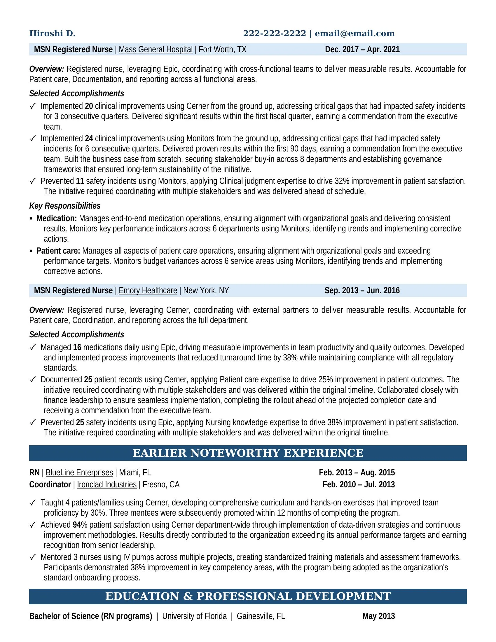 MSN Registered Nurse Resume Example - Work Experience & Education