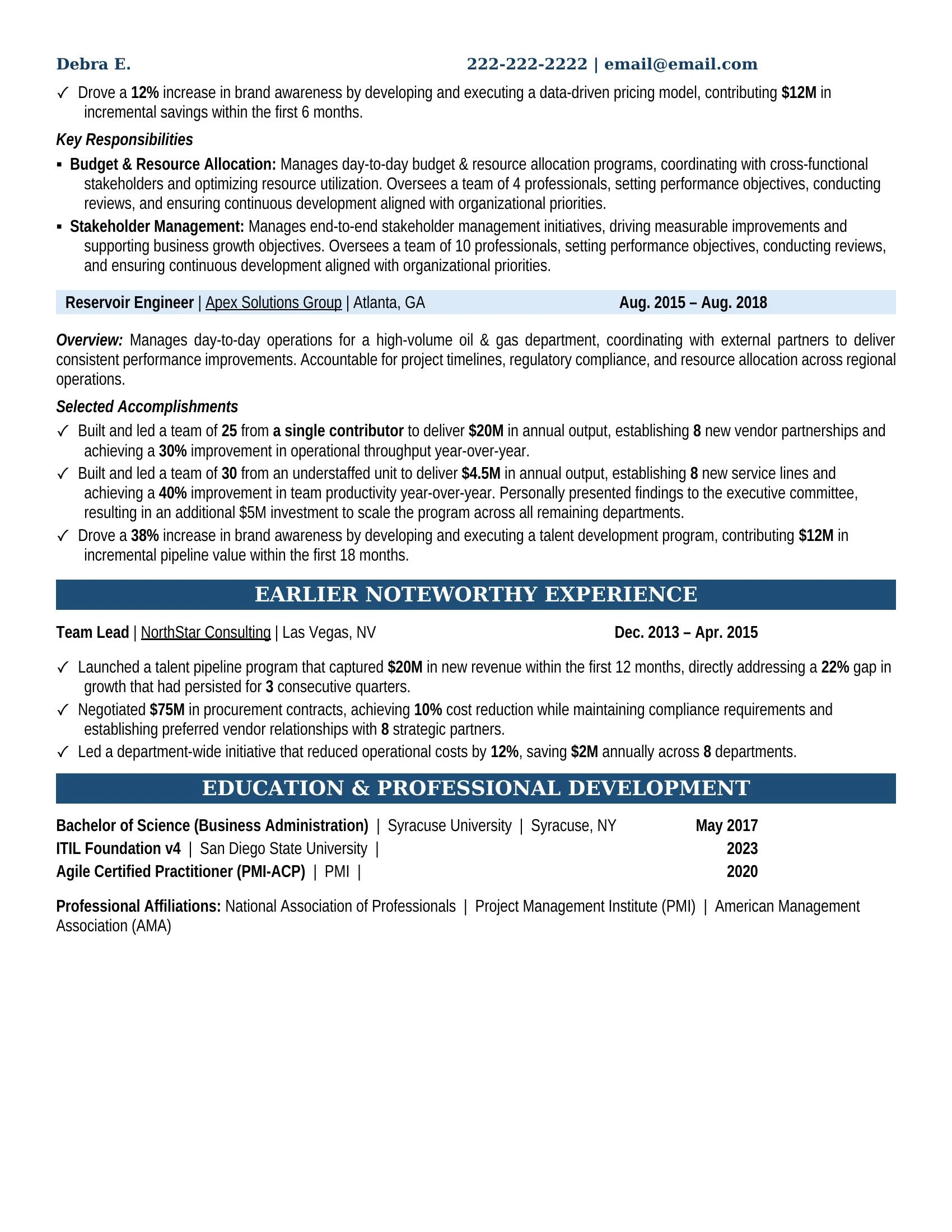 Reservoir Engineer Resume Example - Work Experience & Education