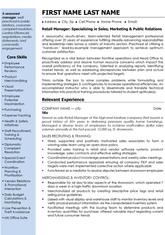 Retail Manager / Sales Marketing PR Resume Sample - Professional Summary, Skills & Career Highlights
