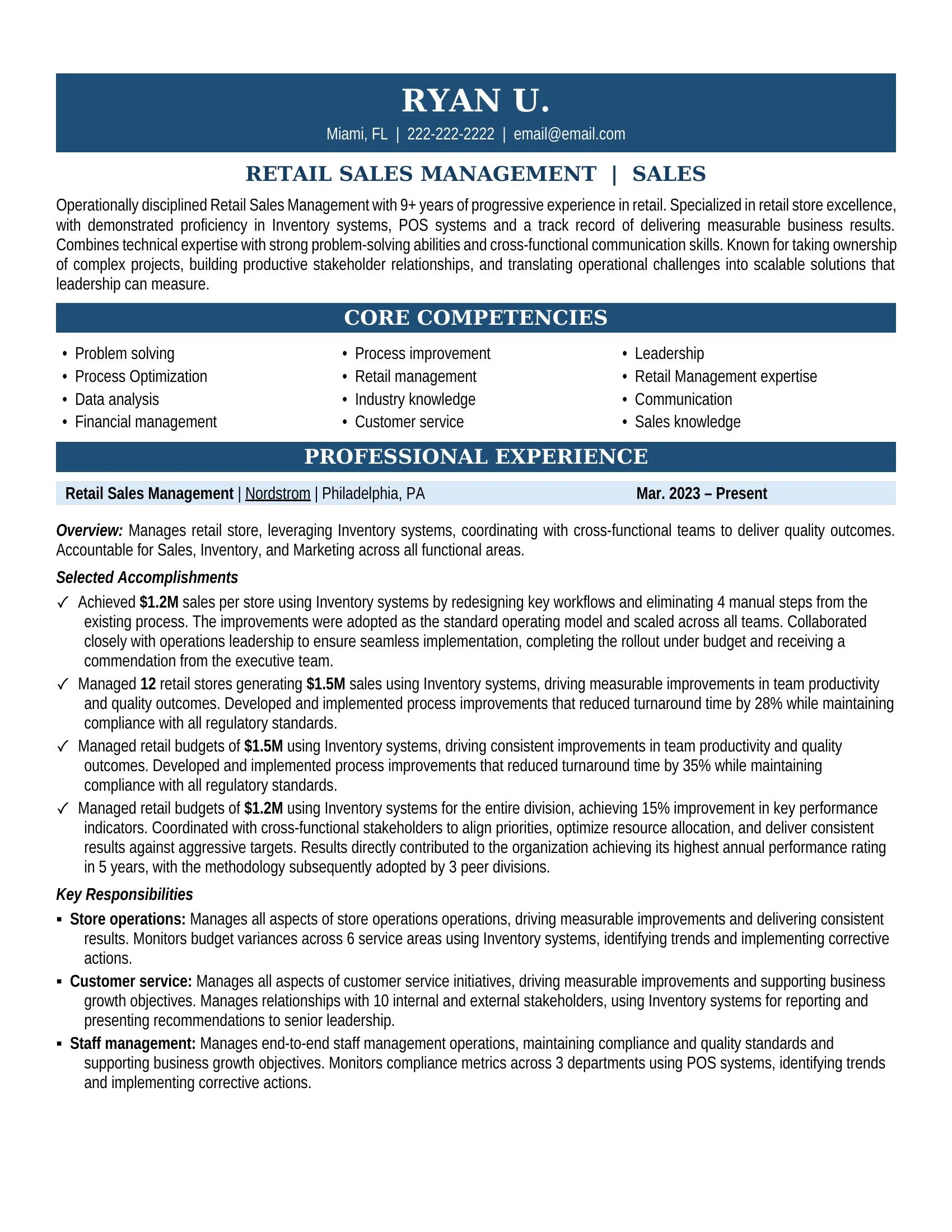 Retail Sales Management Resume Sample - Professional Summary, Skills & Career Highlights