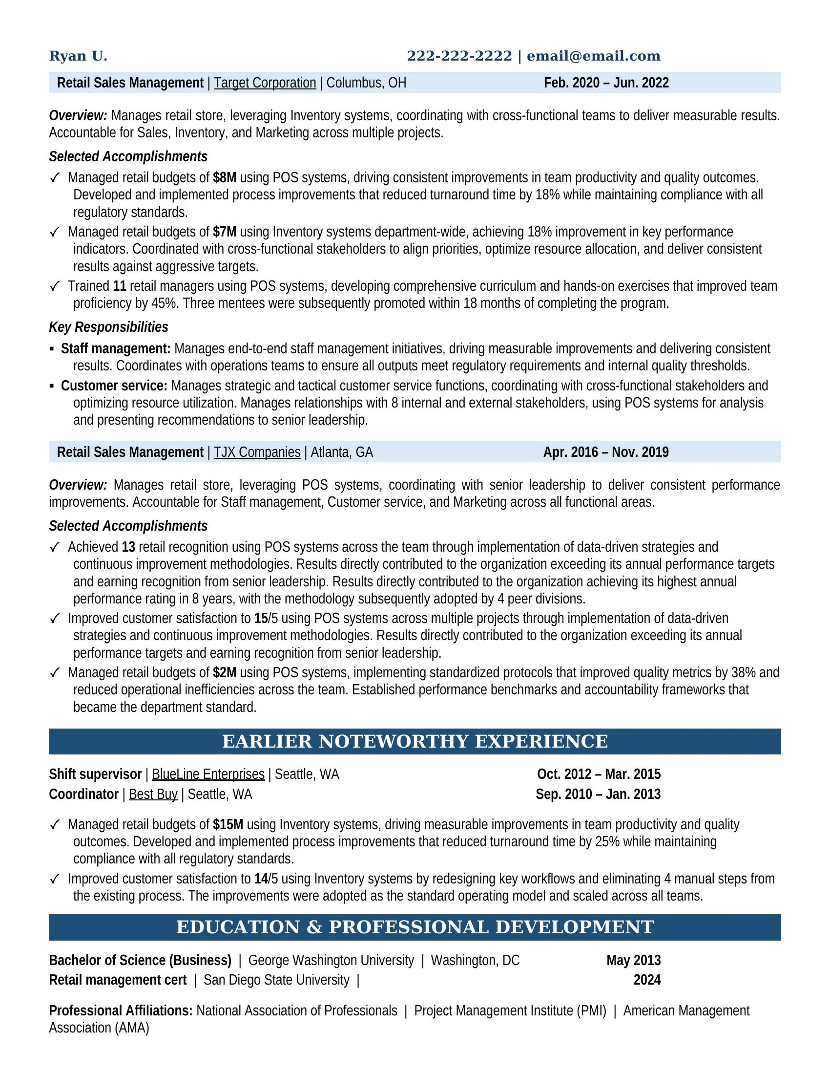 Retail Sales Management Resume Example - Work Experience & Education