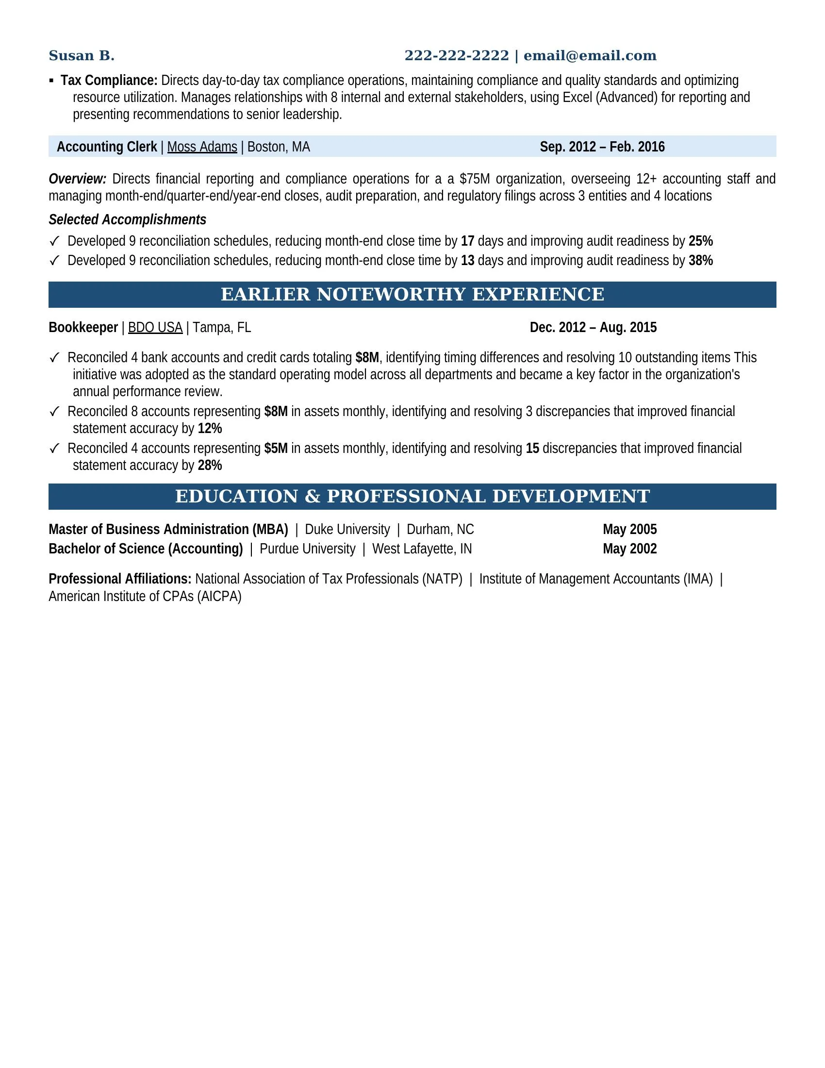 Senior Accountant Resume Example - Work Experience & Education