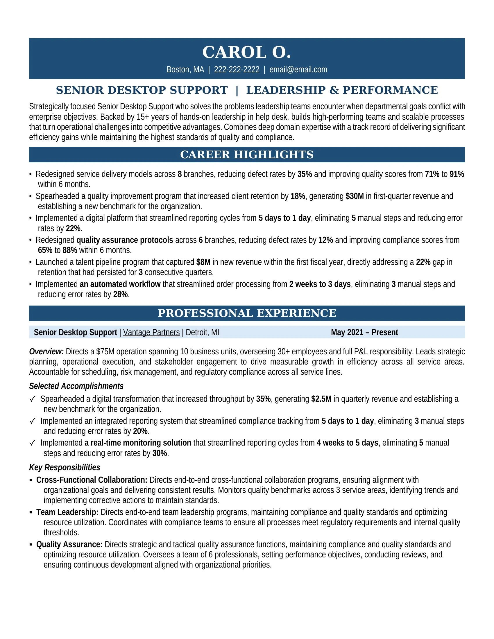 Senior Desktop Support Resume Sample - Professional Summary, Skills & Career Highlights