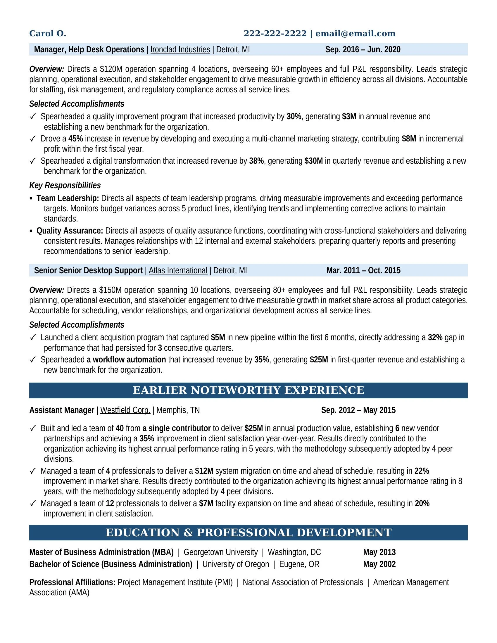 Senior Desktop Support Resume Example - Work Experience & Education