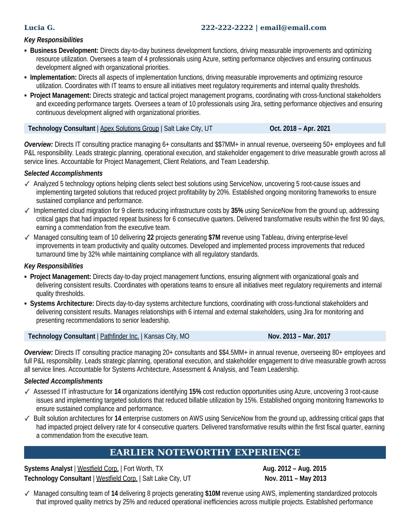 Senior IT Consultant - Infrastructure / Cloud Resume Example - Work Experience & Education
