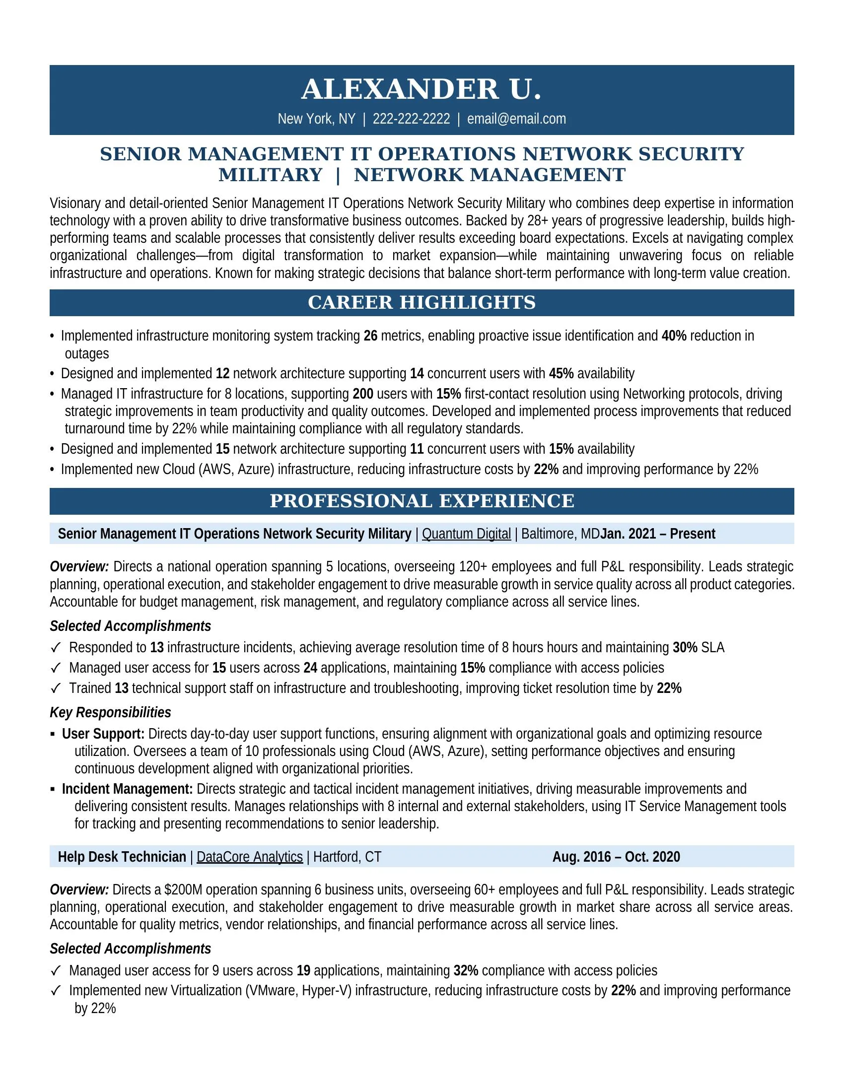Senior Management IT Operations Network Security Military Resume Sample - Professional Summary, Skills & Career Highlights