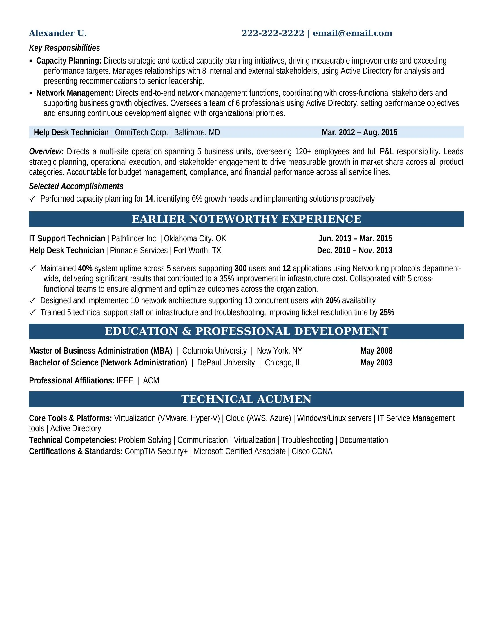 Senior Management IT Operations Network Security Military Resume Example - Work Experience & Education