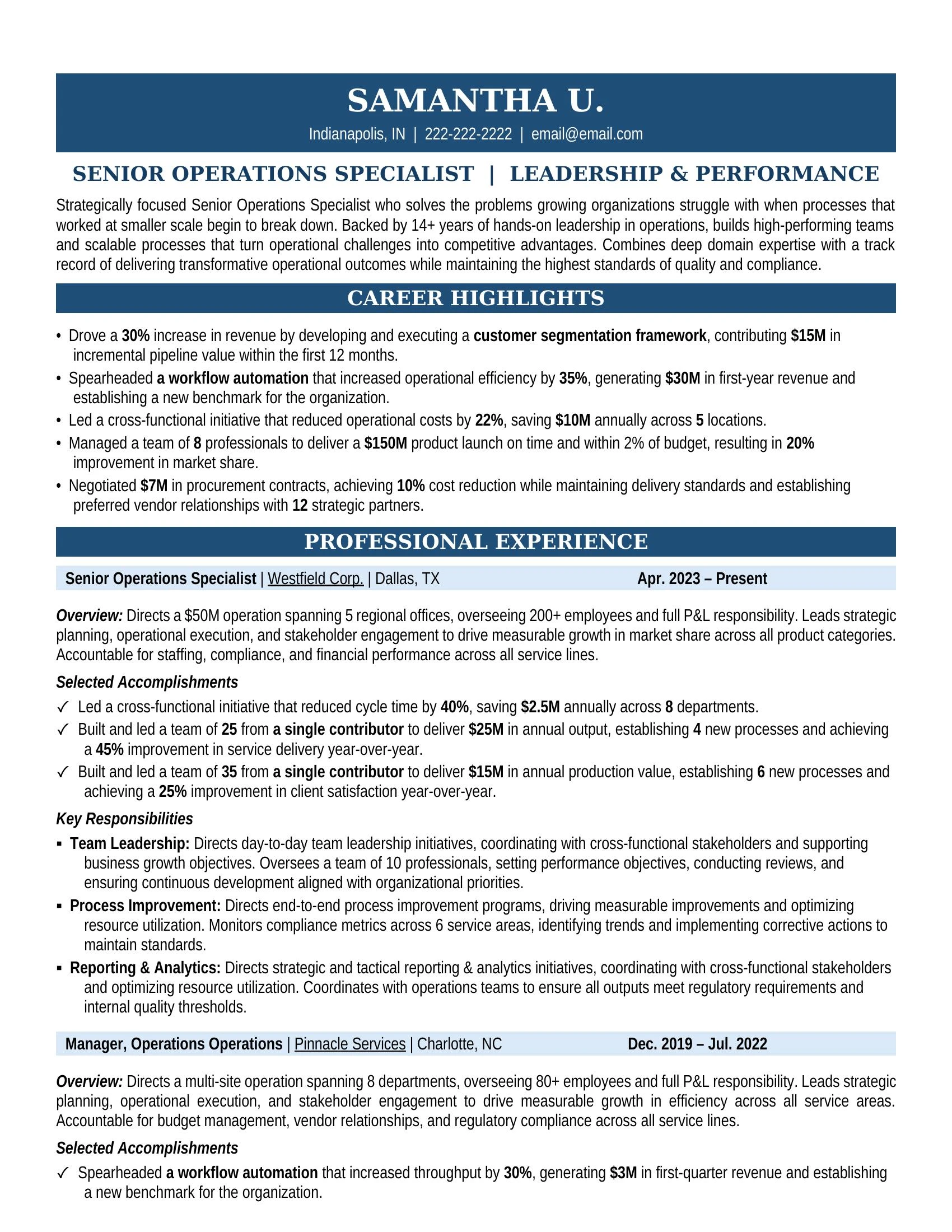 Senior Operations Specialist Resume Sample - Operations Resume Example 2026