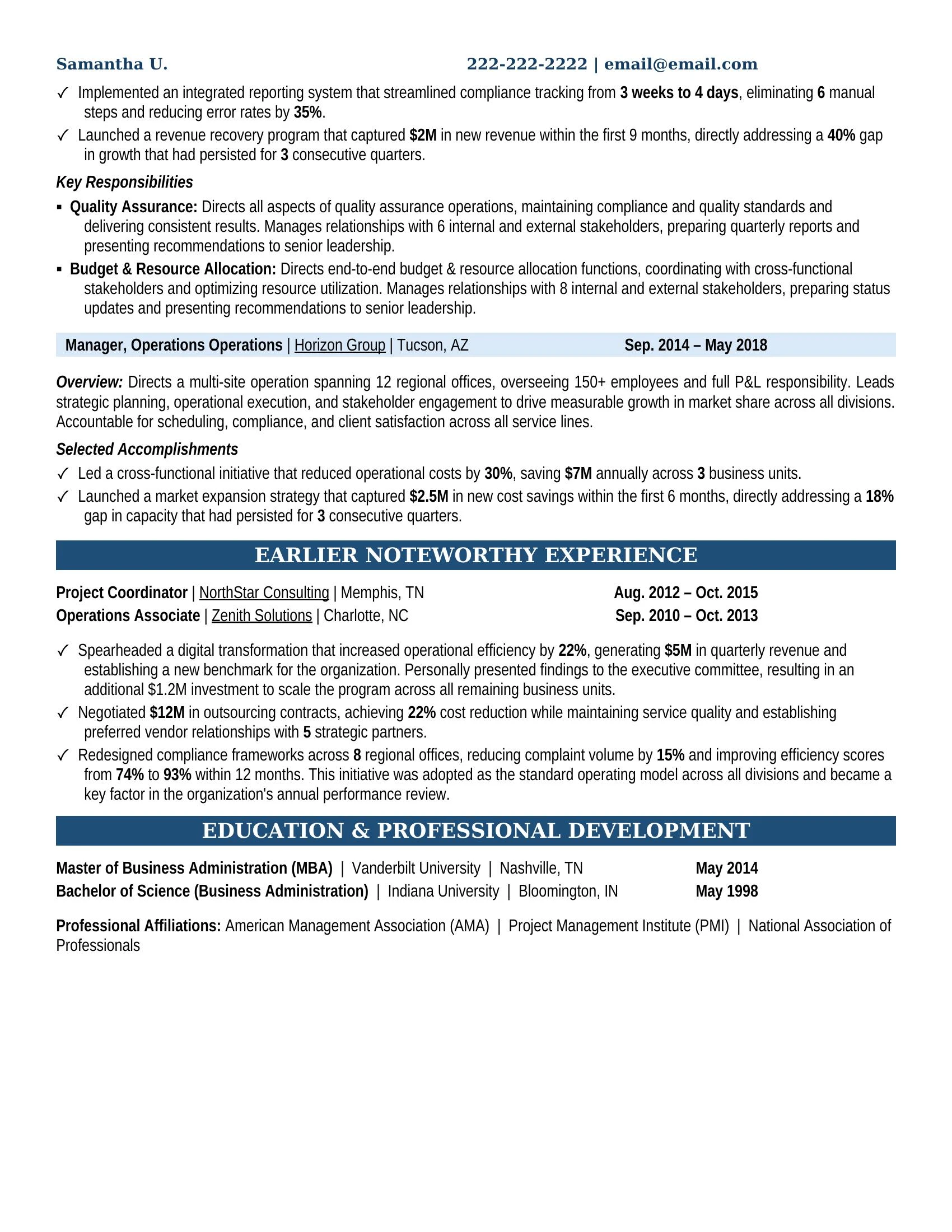 Senior Operations Specialist Resume Example - Work Experience & Education