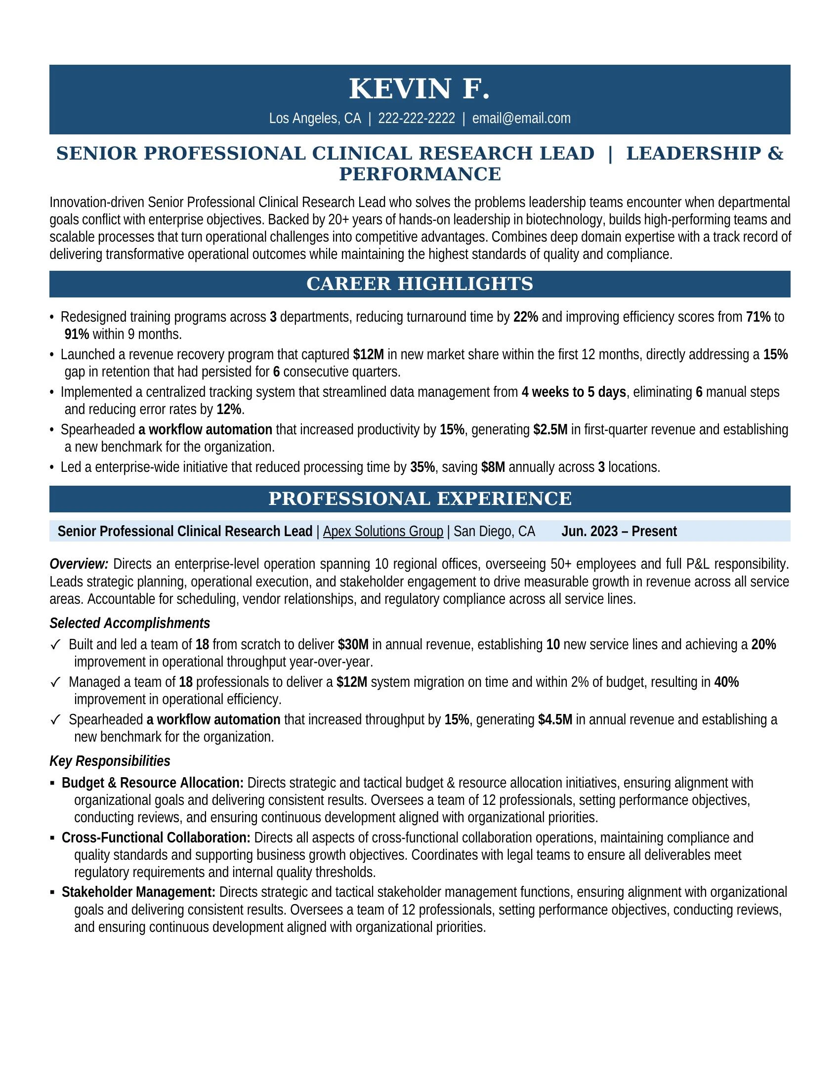 Senior Professional Clinical Research Lead Resume Sample