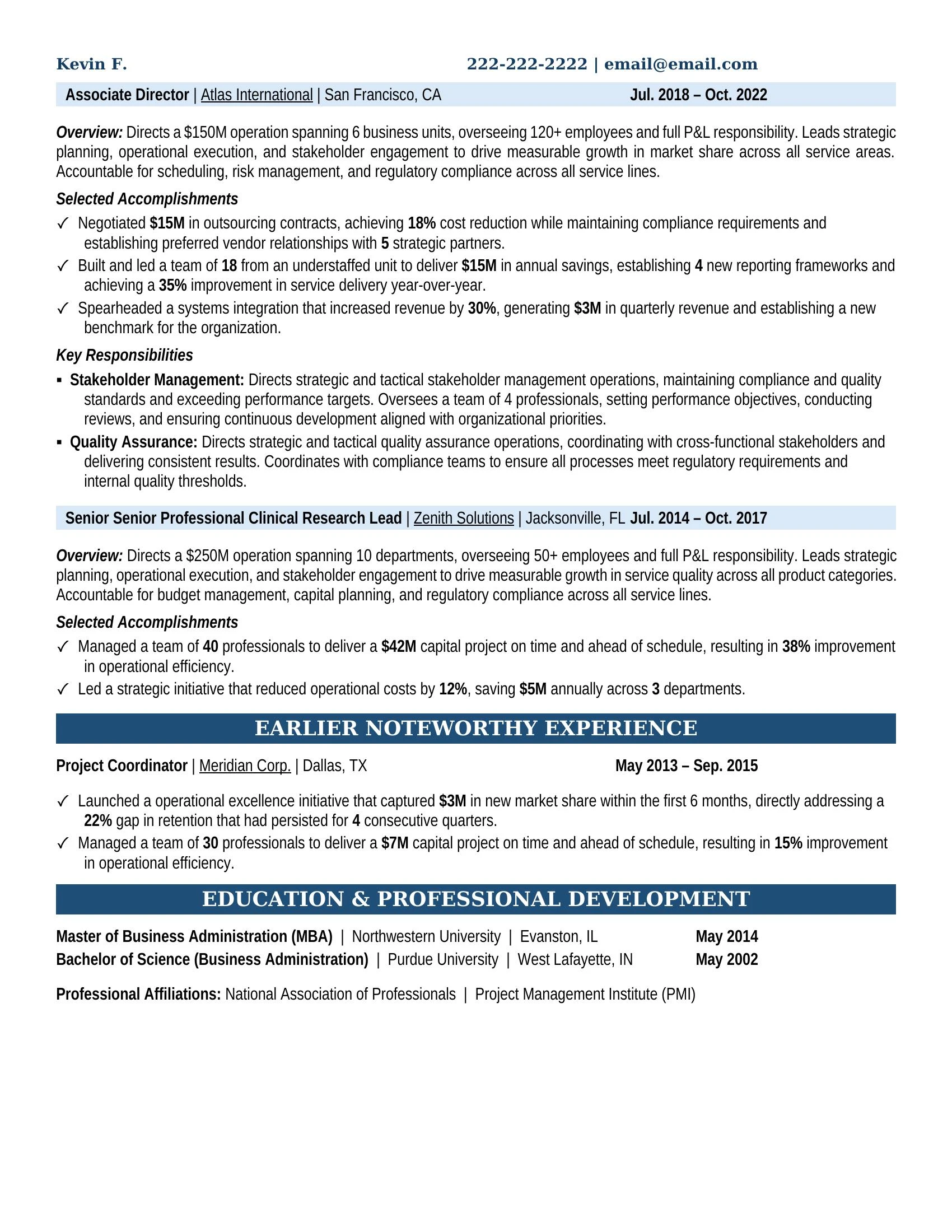 Senior Professional Clinical Research Lead Resume Example - Work Experience & Education