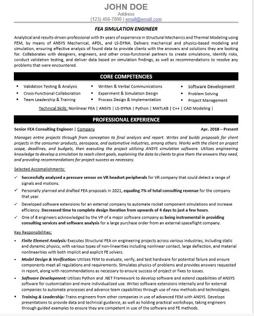 FEA Engineer Resume Sample & Template