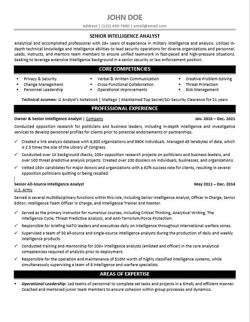 Military Intelligence Resume Sample & Template