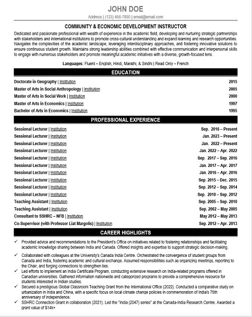 Post Secondary Professor Resume Sample & Template